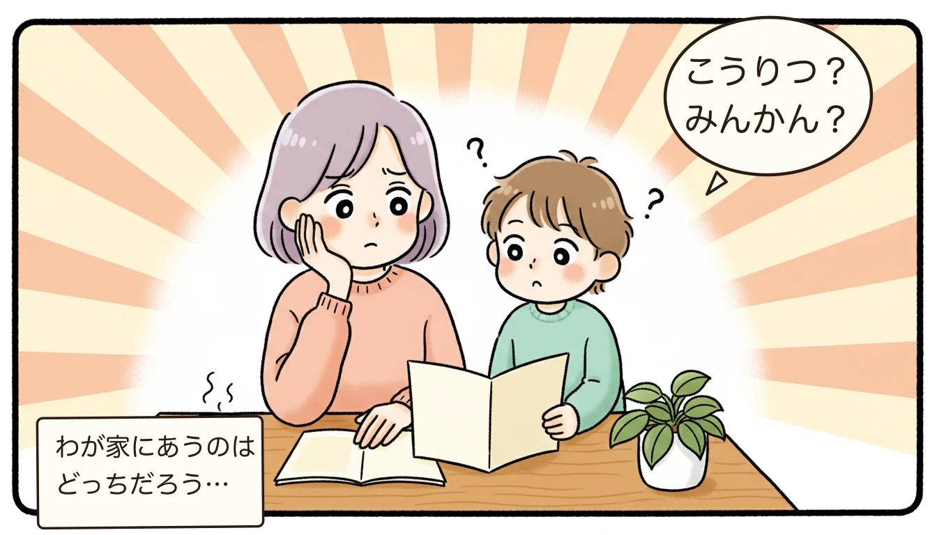 お母さんが台所のテーブルで公立学童と民間学童のパンフレットを見比べて検討している、やわらかい水彩スケッチ風のイラスト