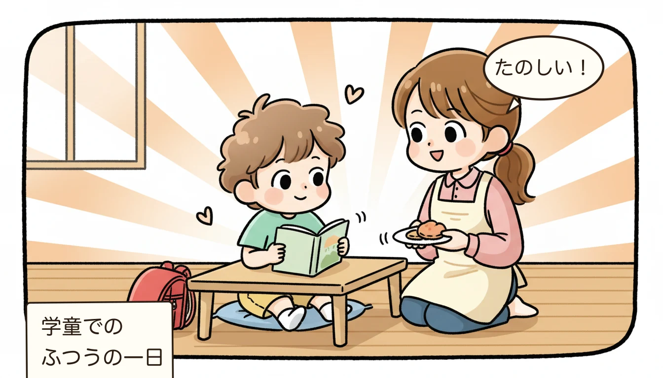 学童保育で子どもが楽しく過ごす日常を描いたコミックエッセイ風イラスト