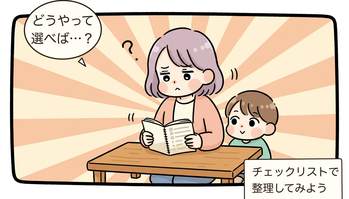 学童に落ちたらどうする？夏休みも安心の対処法7選【2026年】を考える母親がチェックリストを見ながら悩むコミックエッセイ風イラスト