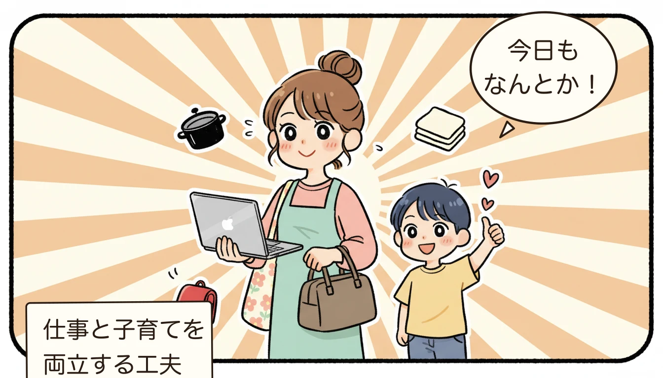 仕事と子育てを両立する共働きママと応援する子どもを描いたコミックエッセイ風イラスト