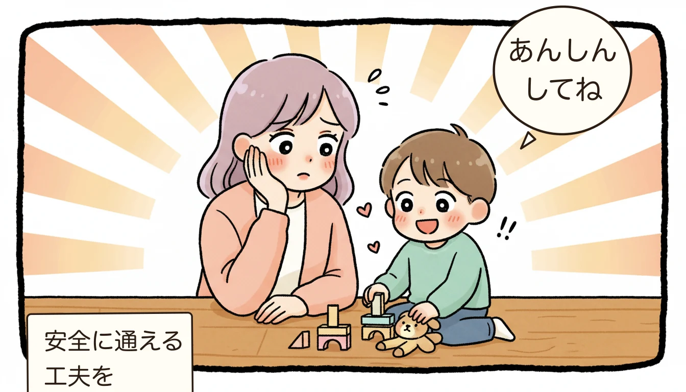 学童の安全対策|防犯カメラ・入退室管理・災害時の対応【2026年最新】について子どもの安全を見守る母親のコミックエッセイ風イラスト