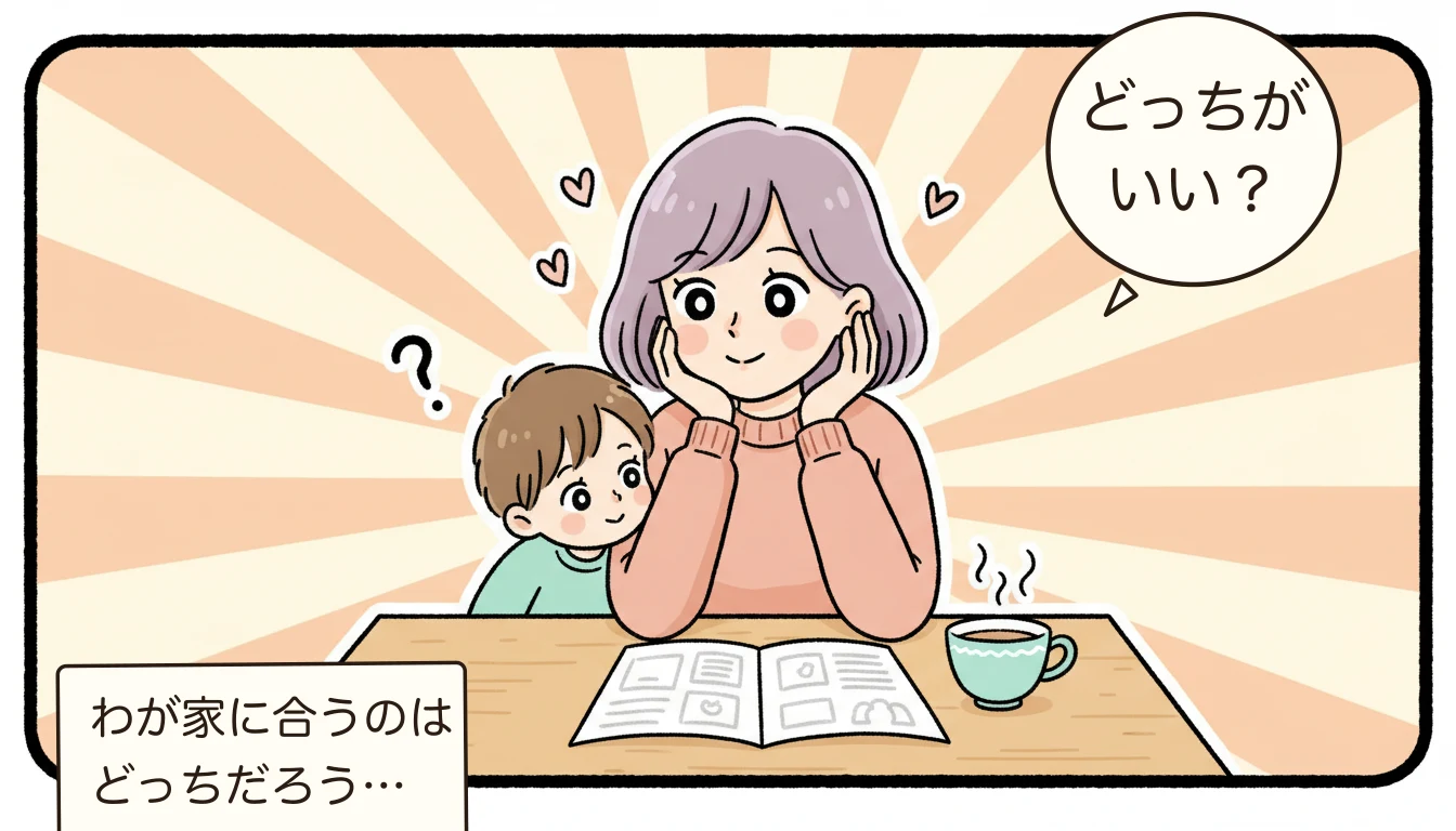2つの選択肢を比較検討する母親と子どものコミックエッセイ風イラスト