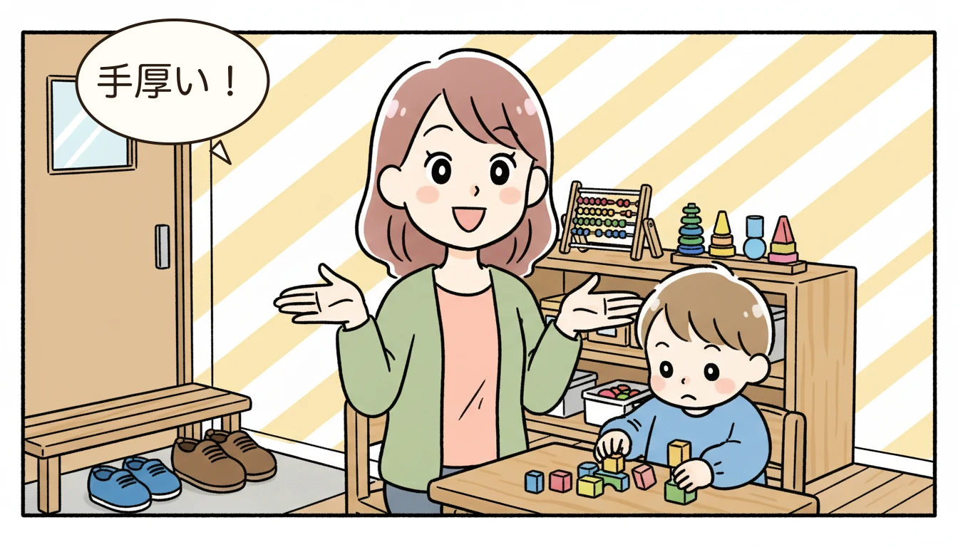 民間学童の兄弟割引制度の内容を表すコミックエッセイ風イラスト