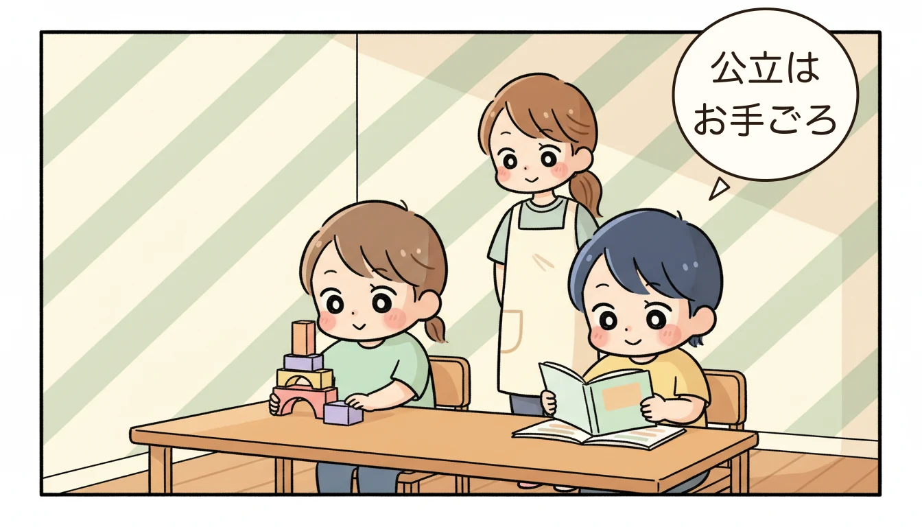 公立学童保育の部屋で遊ぶ子どもたちと見守る指導員を描いたコミックエッセイ風イラスト