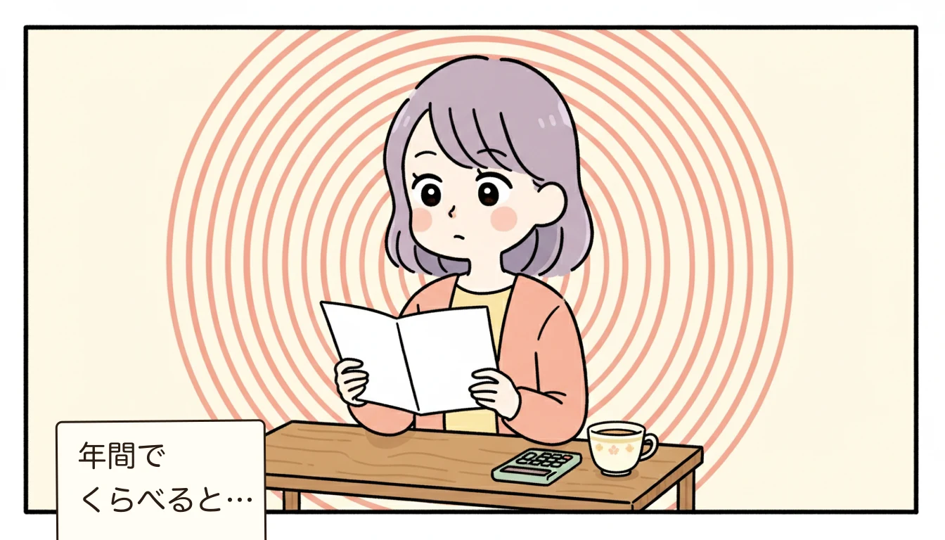 2枚の料金表を見比べて年間費用を検討する母親のコミックエッセイ風イラスト