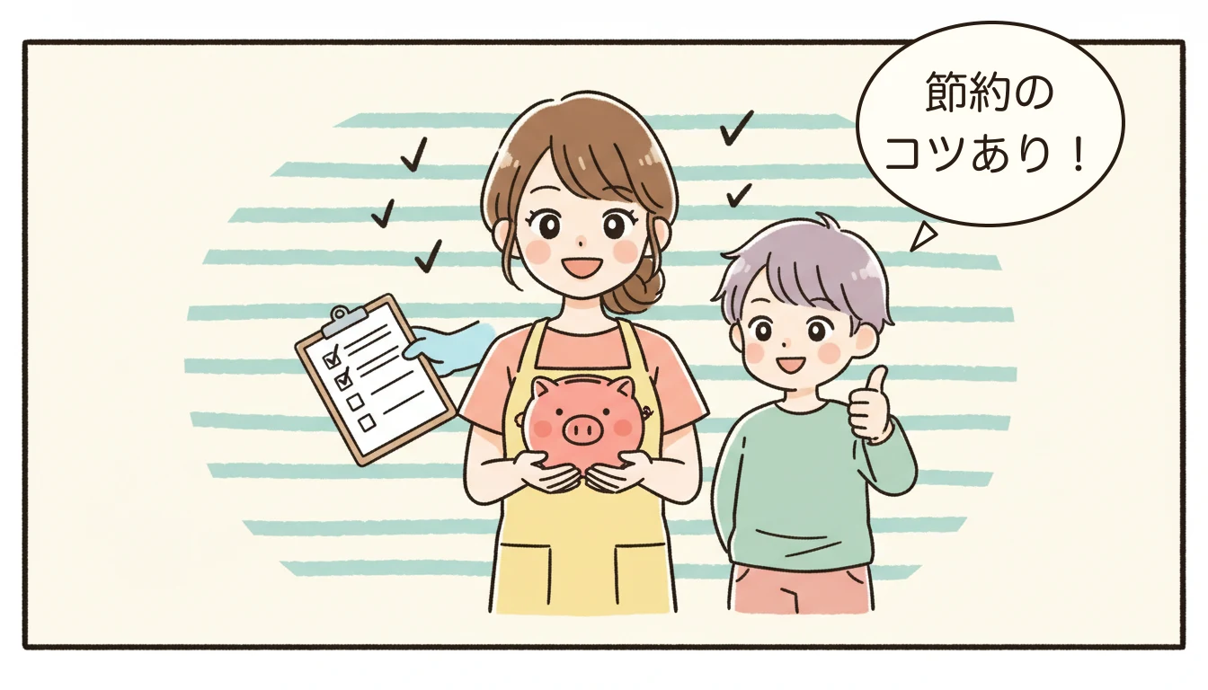 豚の貯金箱とチェックリストを持って笑顔の母親と、親指を立てる子どものコミックエッセイ風イラスト