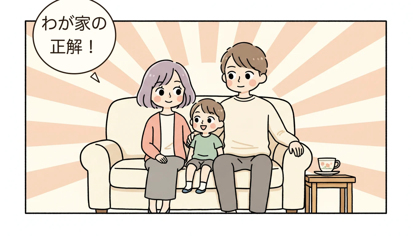 お茶を囲んで決断した表情の両親と子どもの家族団らんを描いたコミックエッセイ風イラスト