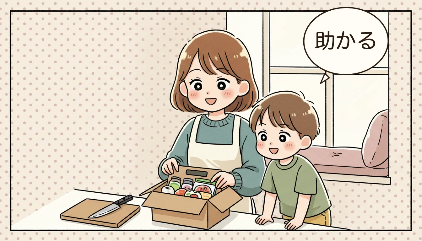 宅配弁当サービスの活用法の内容を表すコミックエッセイ風イラスト