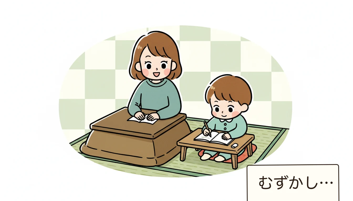 家庭でできる宿題サポートの工夫は?の内容を表すコミックエッセイ風イラスト
