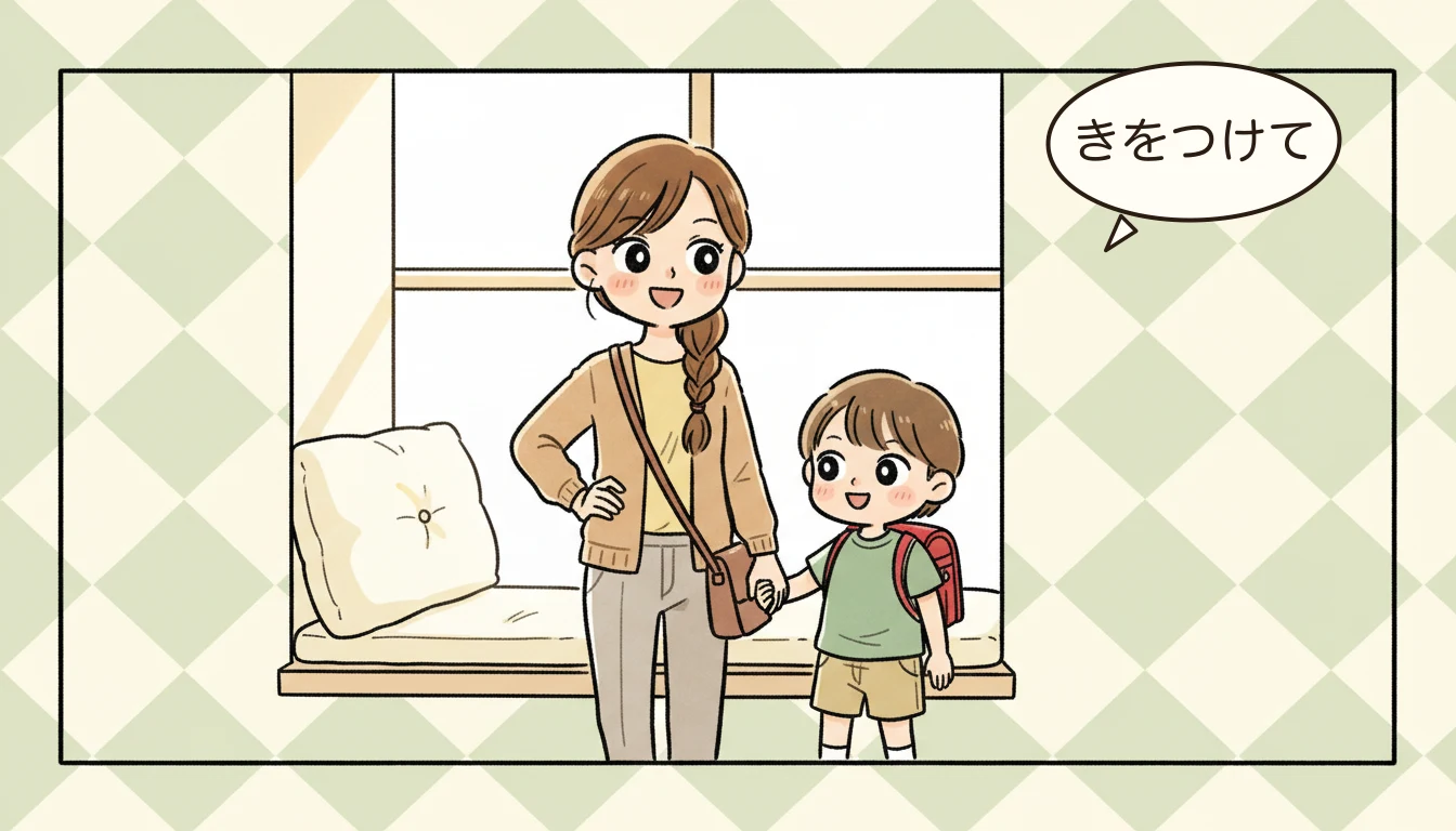 選択肢2:ベビーシッターの送迎プランの内容を表すコミックエッセイ風イラスト