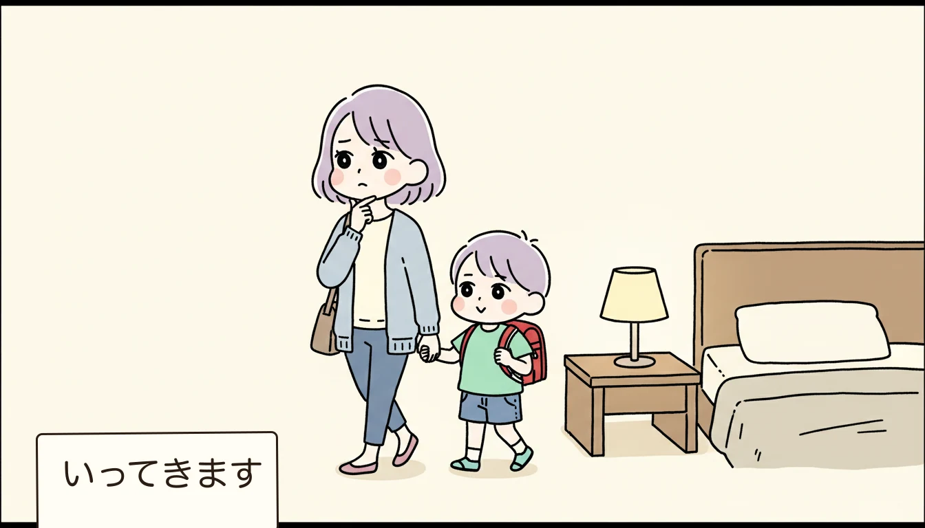 お迎え時の子どもの様子をチェックの内容を表すコミックエッセイ風イラスト