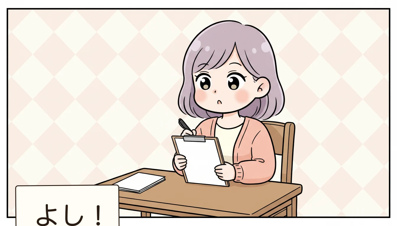 見学時のおやつチェックリストの内容を表すコミックエッセイ風イラスト