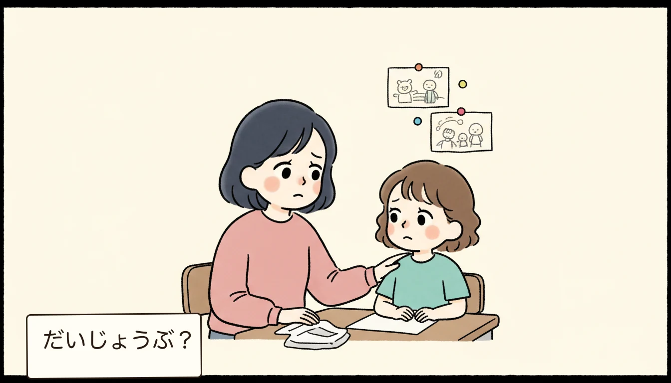 学童トラブルの相談窓口一覧の内容を表すコミックエッセイ風イラスト