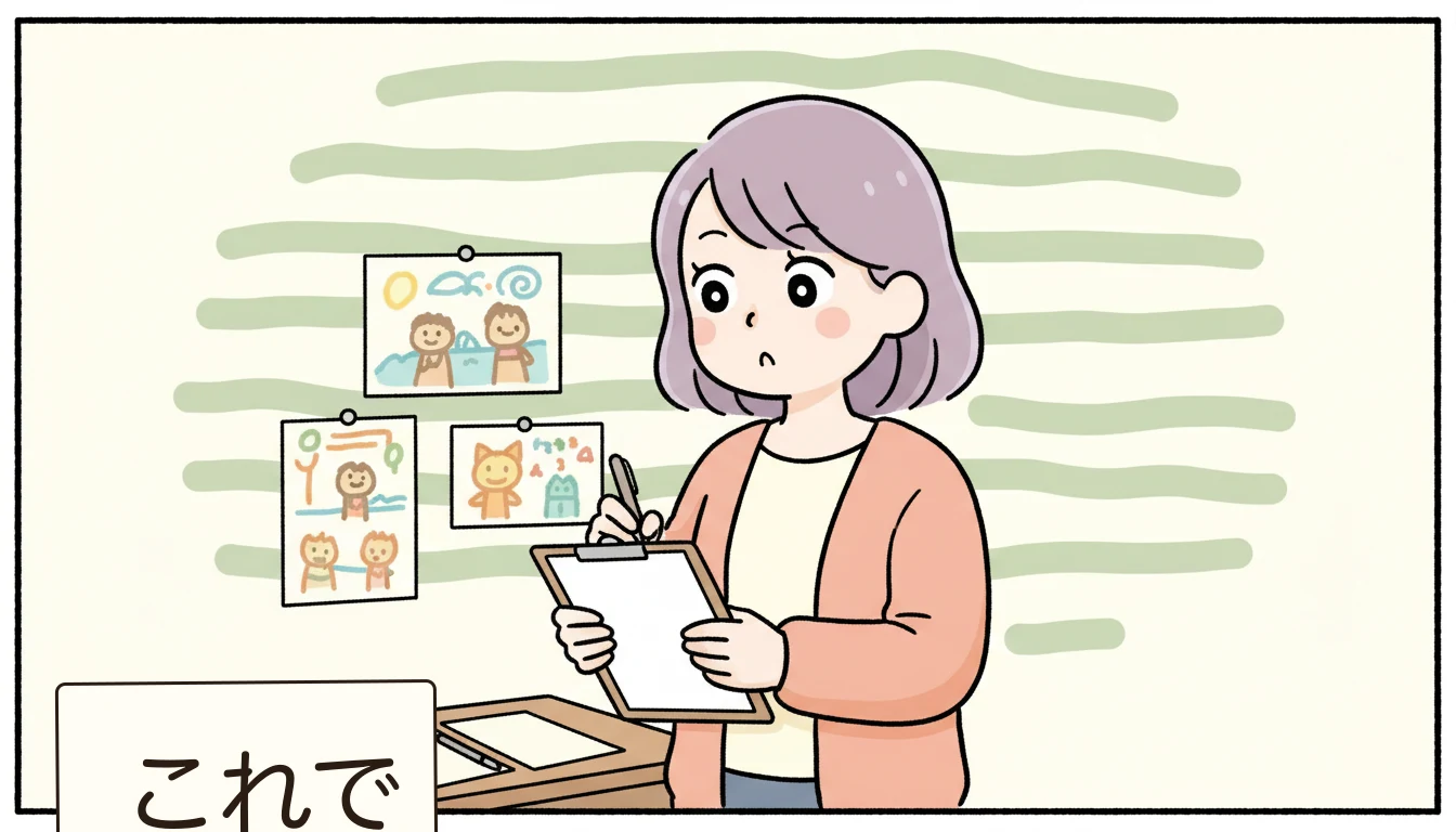 見学時チェックリスト（発達障害・グレーゾーン版）の内容を表すコミックエッセイ風イラスト
