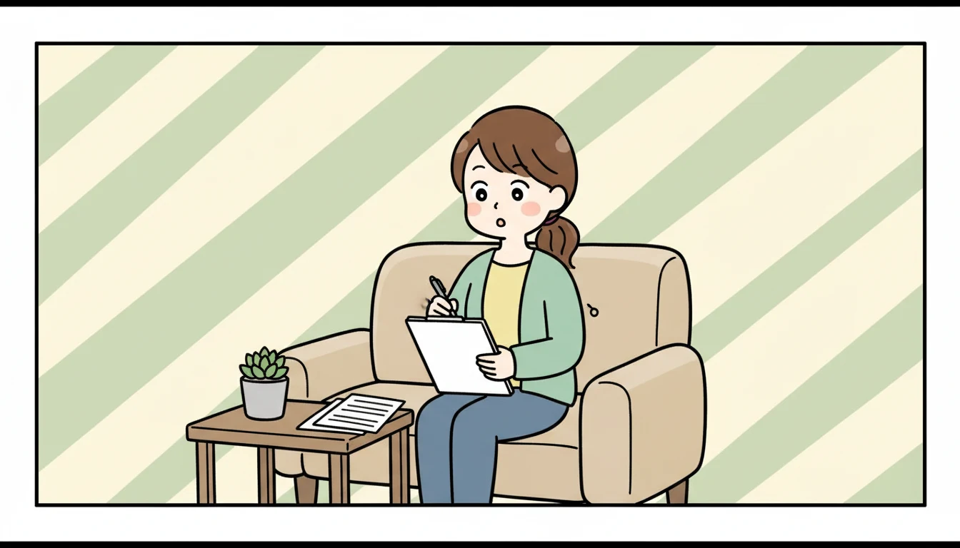 見学レポートの書き方テンプレートの内容を表すコミックエッセイ風イラスト