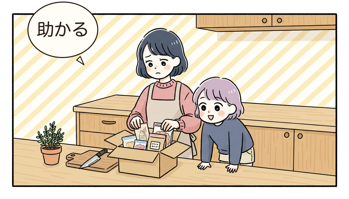 逃げ道3:ミールキットの主菜を翌日弁当に転用の内容を表すコミックエッセイ風イラスト