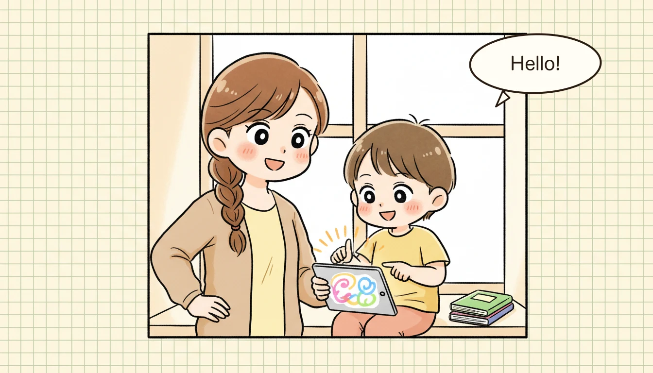 英語漬け型学童の実際の1日はどんな流れ？の内容を表すコミックエッセイ風イラスト