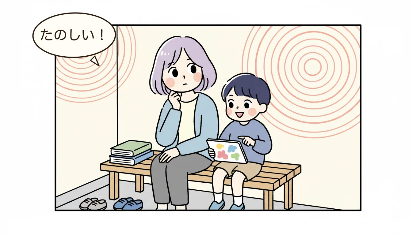 英語レッスン型学童のプログラム内容は？の内容を表すコミックエッセイ風イラスト