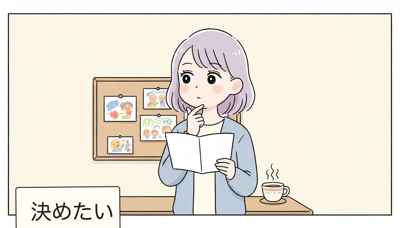 習い事プログラムを選ぶ際のチェックポイントは?の内容を表すコミックエッセイ風イラスト