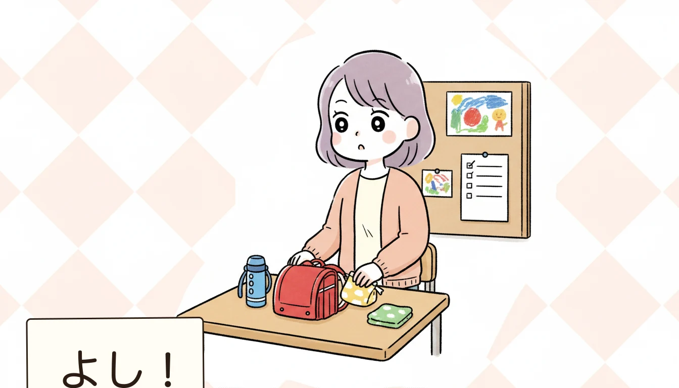 【2〜3月】やること8:持ち物を準備するの内容を表すコミックエッセイ風イラスト
