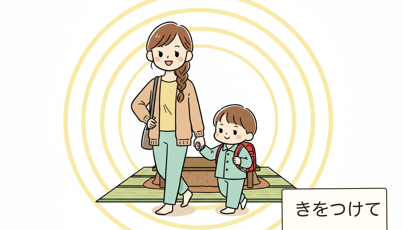 車なし家庭の送迎、具体的な解決策の内容を表すコミックエッセイ風イラスト