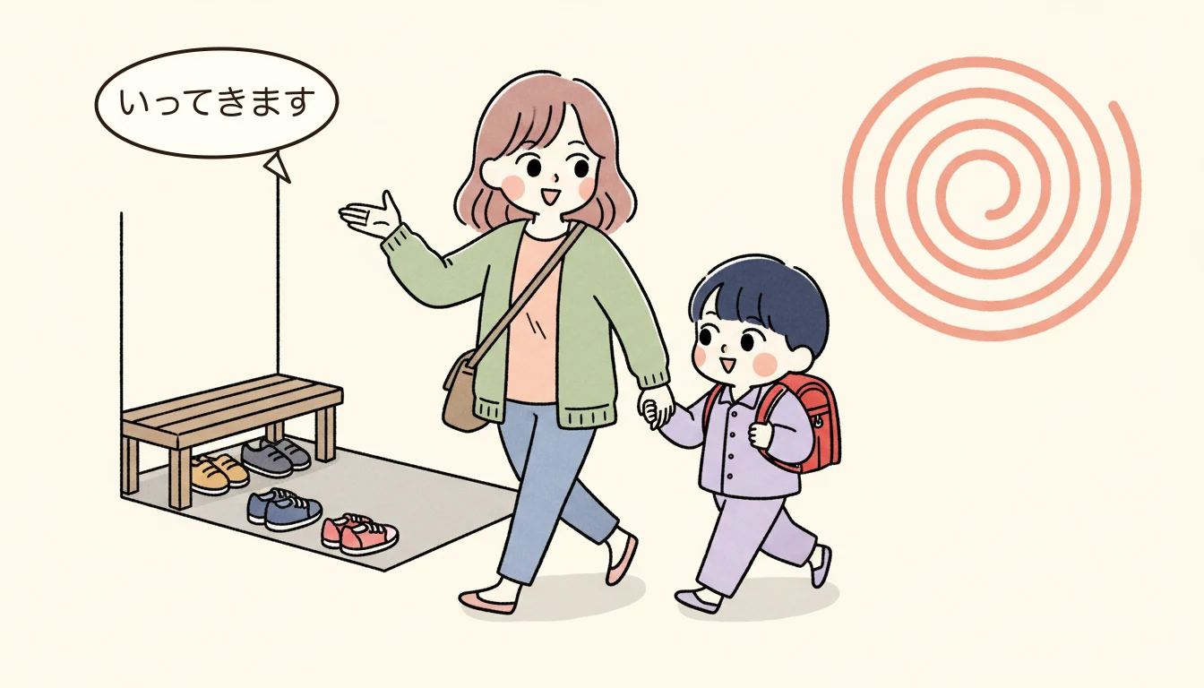 朝の送迎を時短するための7つの工夫の内容を表すコミックエッセイ風イラスト