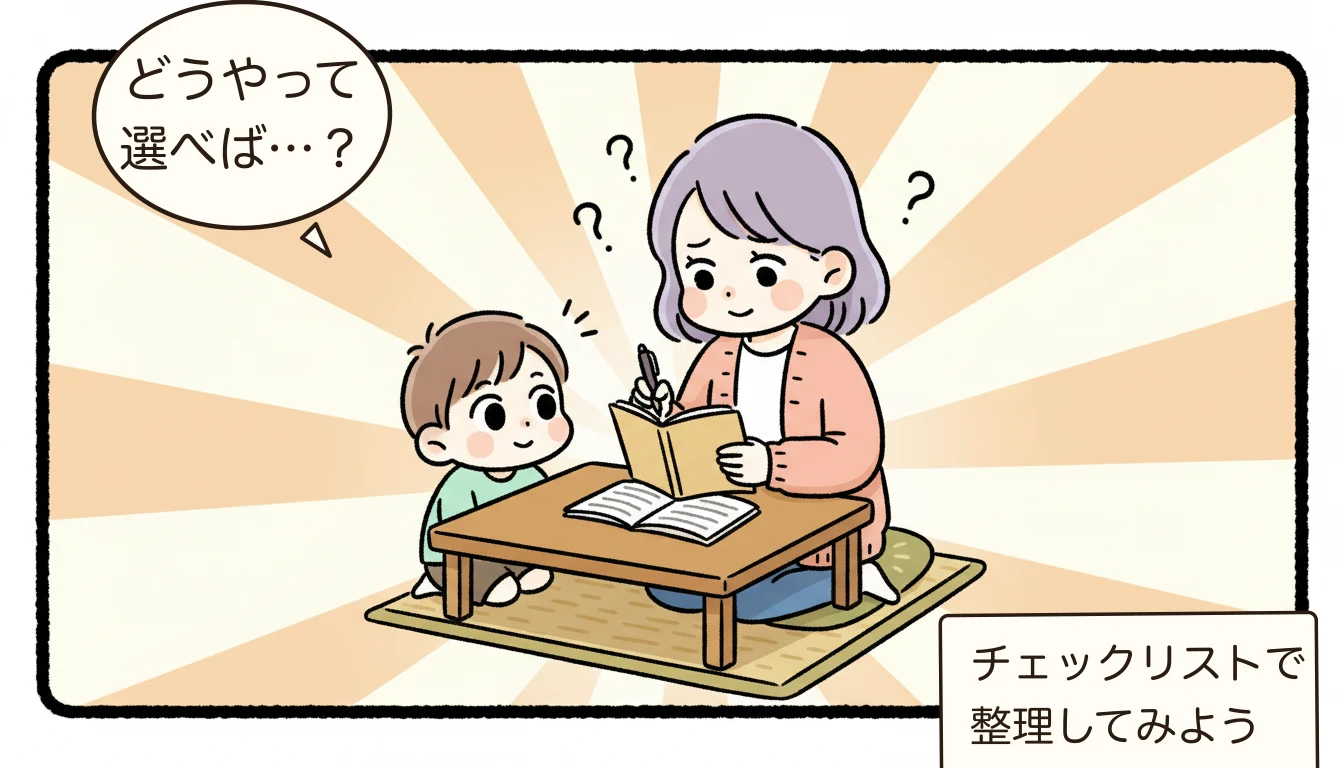 学童の申込に落ちた!選考基準と受かるコツ【2026年最新】を考える母親がチェックリストを見ながら悩むコミックエッセイ風イラスト