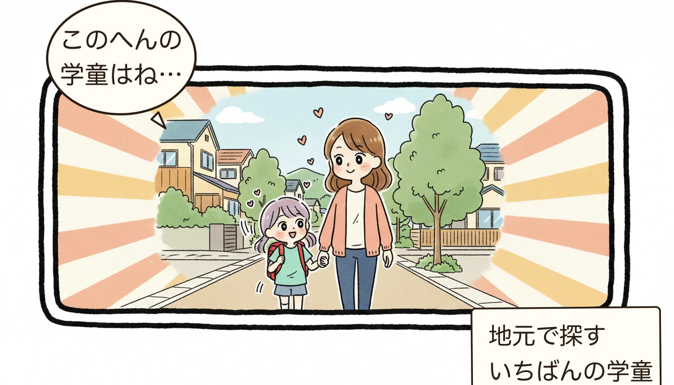 渋谷区の学童保育(放課後クラブ)完全ガイド|就労証明書・料金【2026年】の地域を歩く親子のコミックエッセイ風イラスト