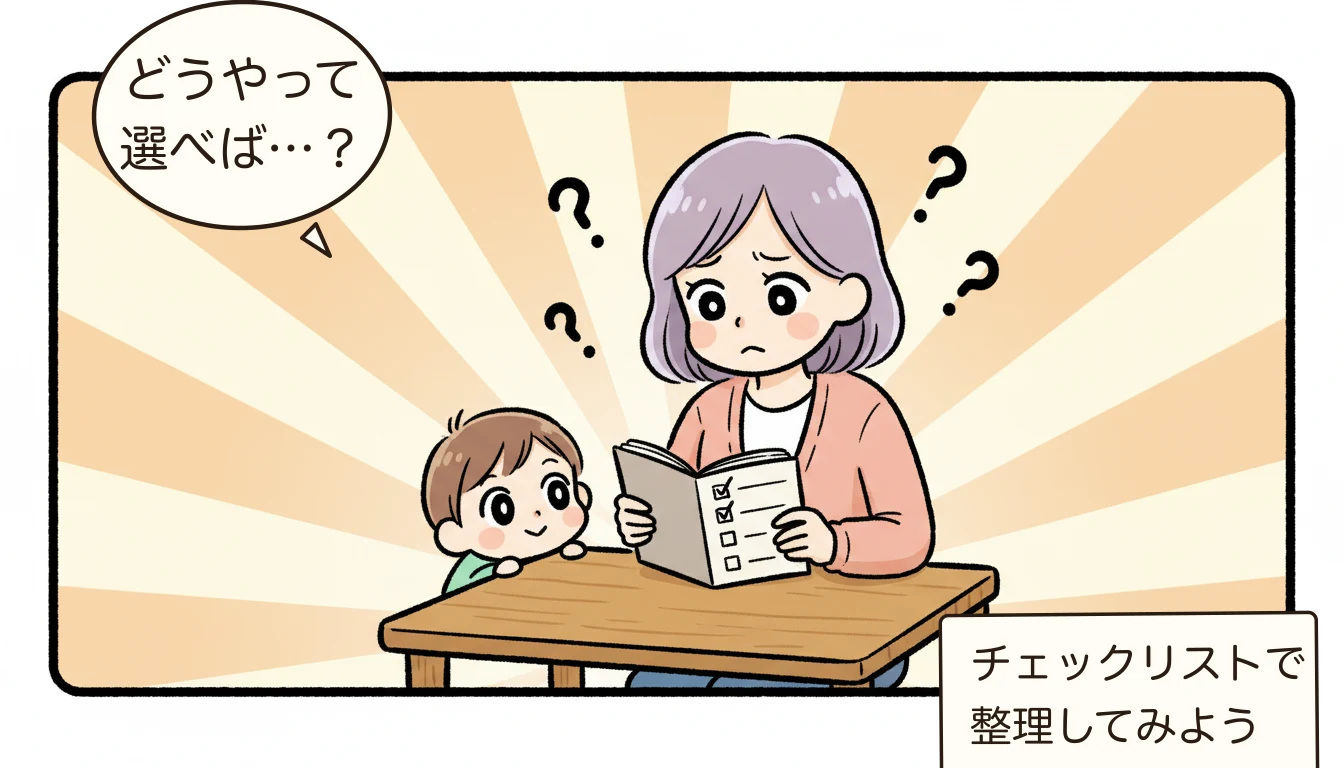 小1の壁とは?共働き家庭が直面する問題と具体的な解決策【2026年最新】を考える母親がチェックリストを見ながら悩むコミックエッセイ風イラスト