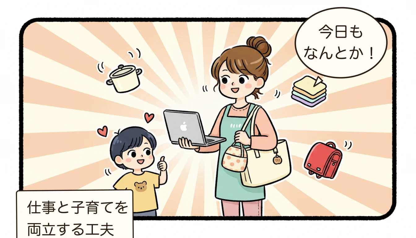 仕事と子育てを両立する共働きママと応援する子どもを描いたコミックエッセイ風イラスト