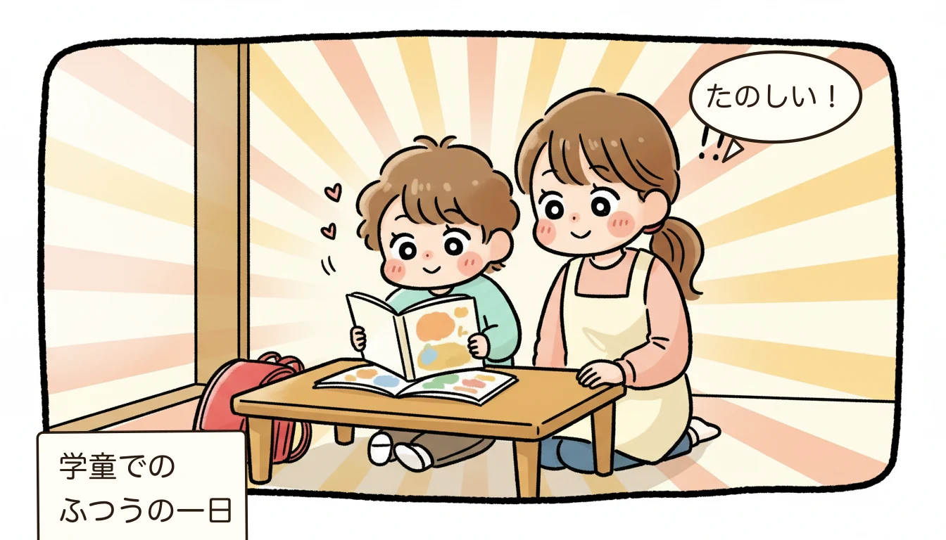 学童保育で子どもが楽しく過ごす日常を描いたコミックエッセイ風イラスト
