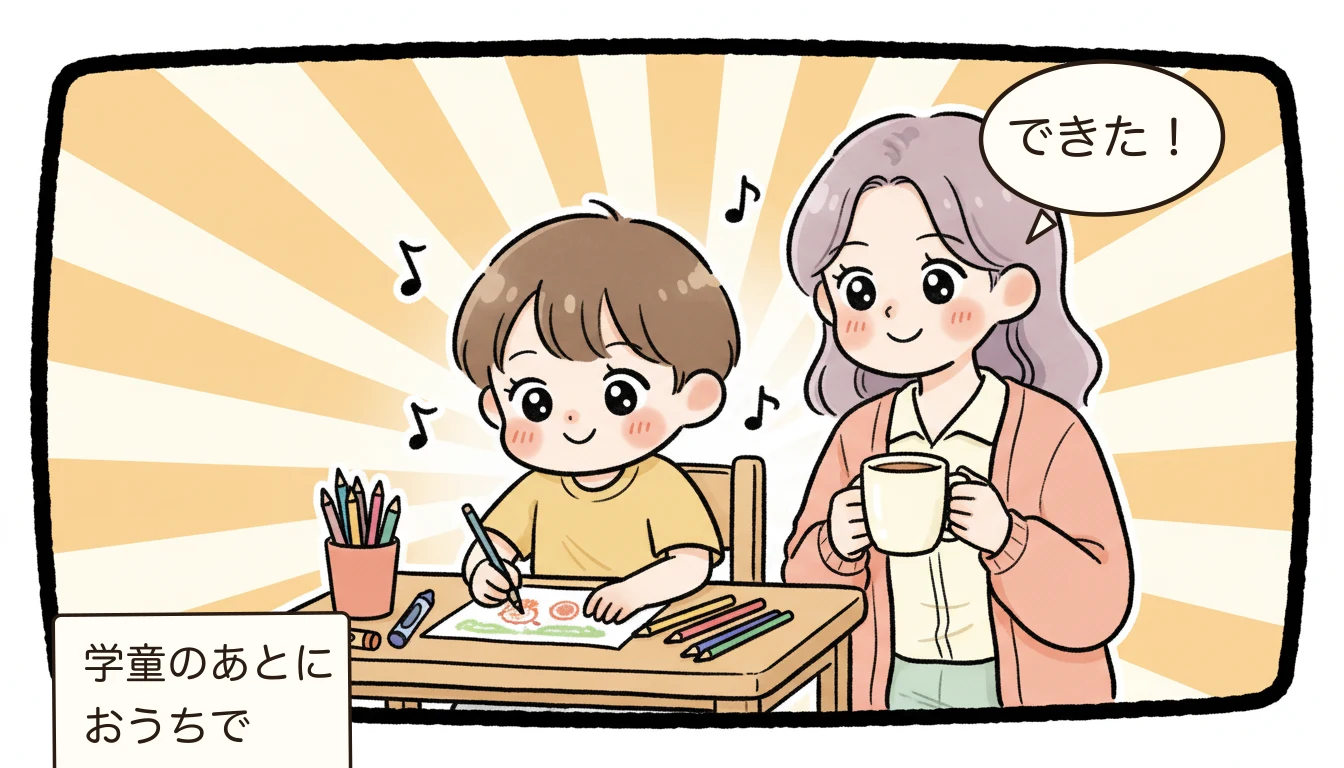 STEM教育が受けられる学童一覧|理系に強い子を育てるに取り組んで楽しむ小学生と見守る母親を描いたコミックエッセイ風イラスト