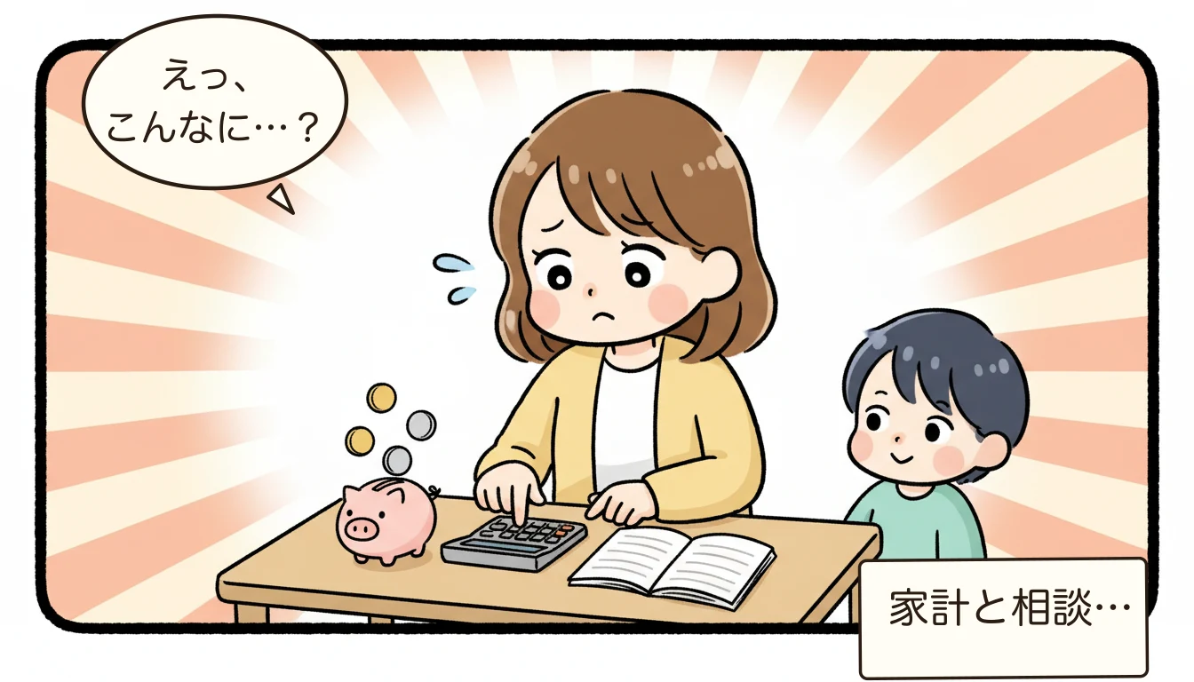 学童の費用を安くする方法|補助金・助成金・減免制度まとめ【2026年最新】について電卓をたたいて悩む母親のコミックエッセイ風イラスト