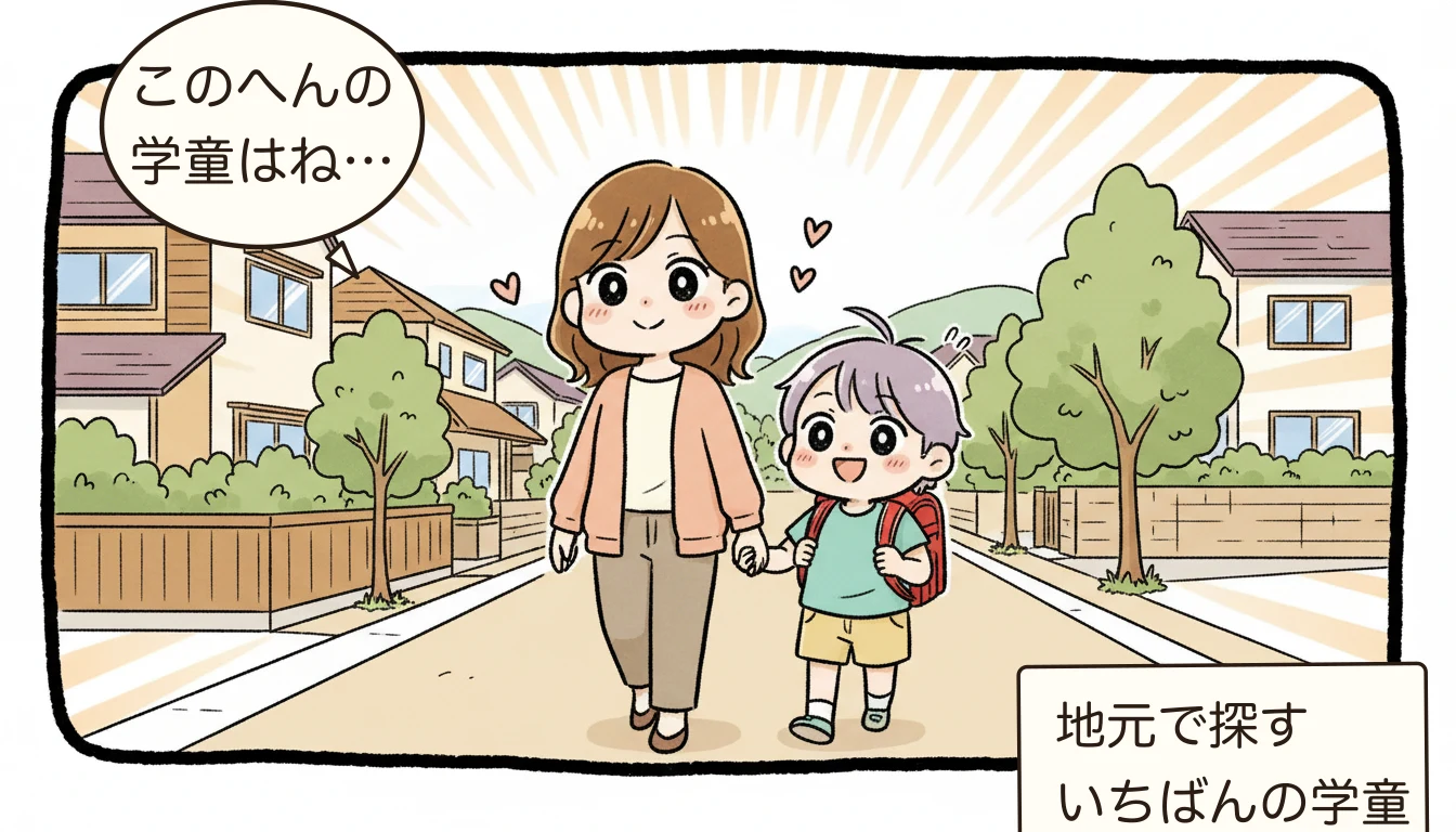 杉並区の学童保育ガイド|公立・民間全施設の料金と特徴【2026年最新】の地域を歩く親子のコミックエッセイ風イラスト