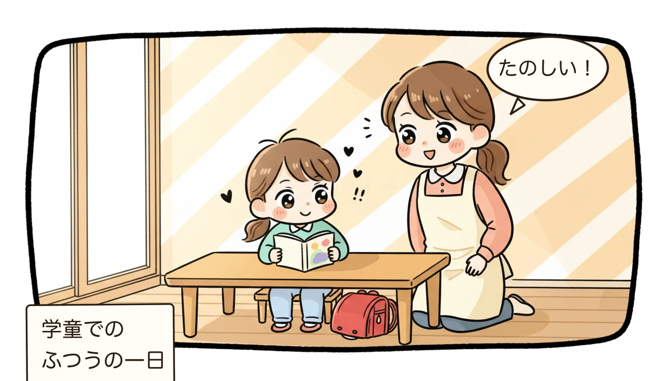 学童保育で子どもが楽しく過ごす日常を描いたコミックエッセイ風イラスト