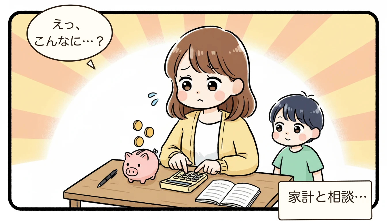 学童保育の費用は年末調整・確定申告で控除できる?税金の疑問を解決について電卓をたたいて悩む母親のコミックエッセイ風イラスト