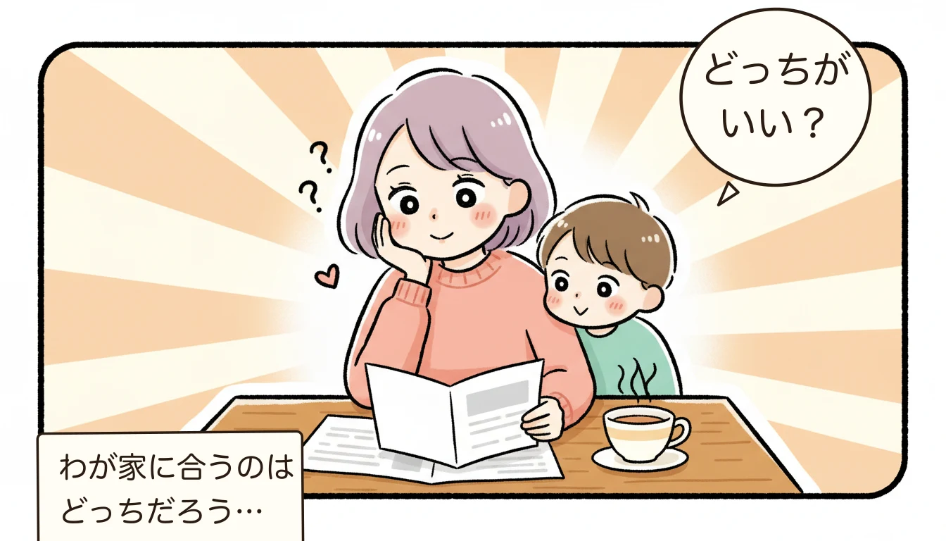 2つの選択肢を比較検討する母親と子どものコミックエッセイ風イラスト
