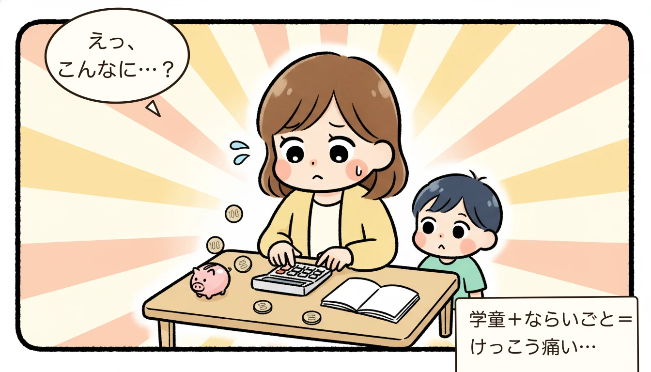 学童保育の費用を電卓で計算する母親と、隣でのぞき込む子どものコミックエッセイ風イラスト