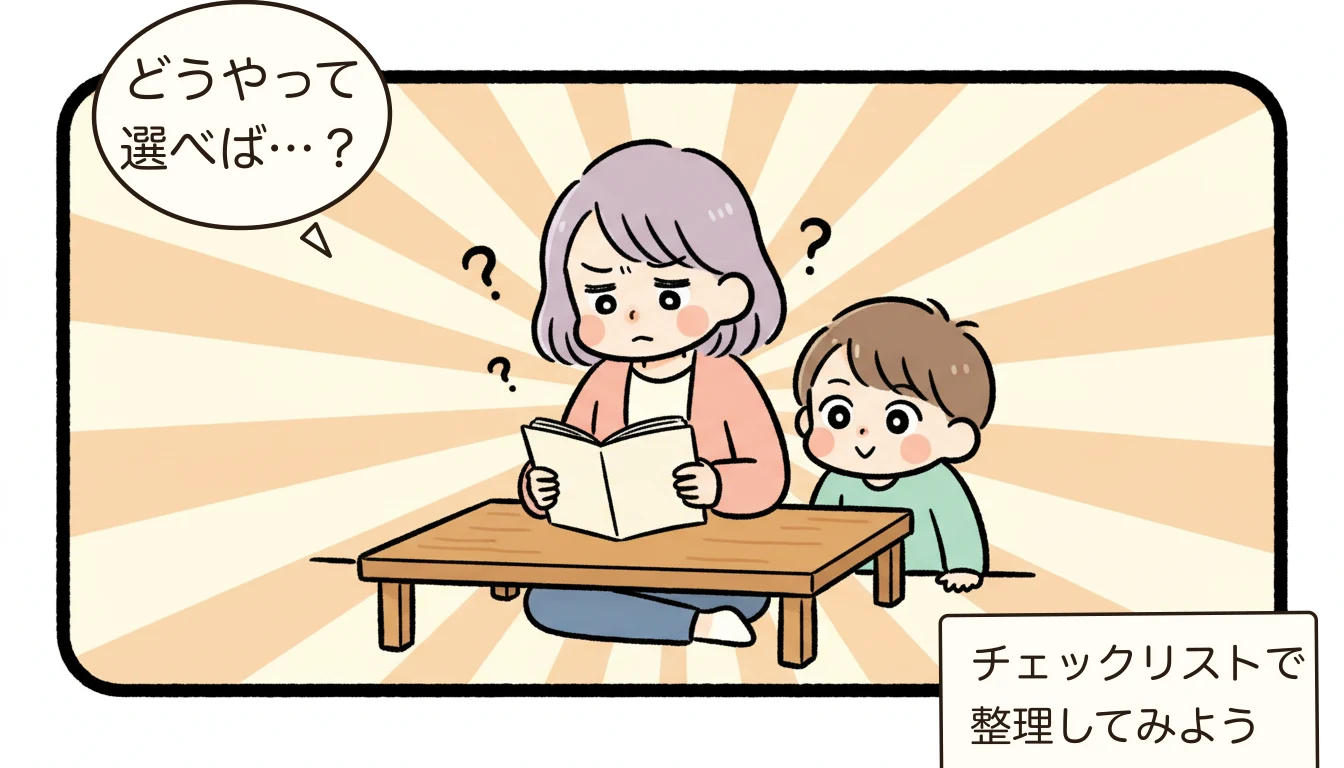 学童保育の見学レポートの書き方|チェックポイント完全ガイドを考える母親がチェックリストを見ながら悩むコミックエッセイ風イラスト