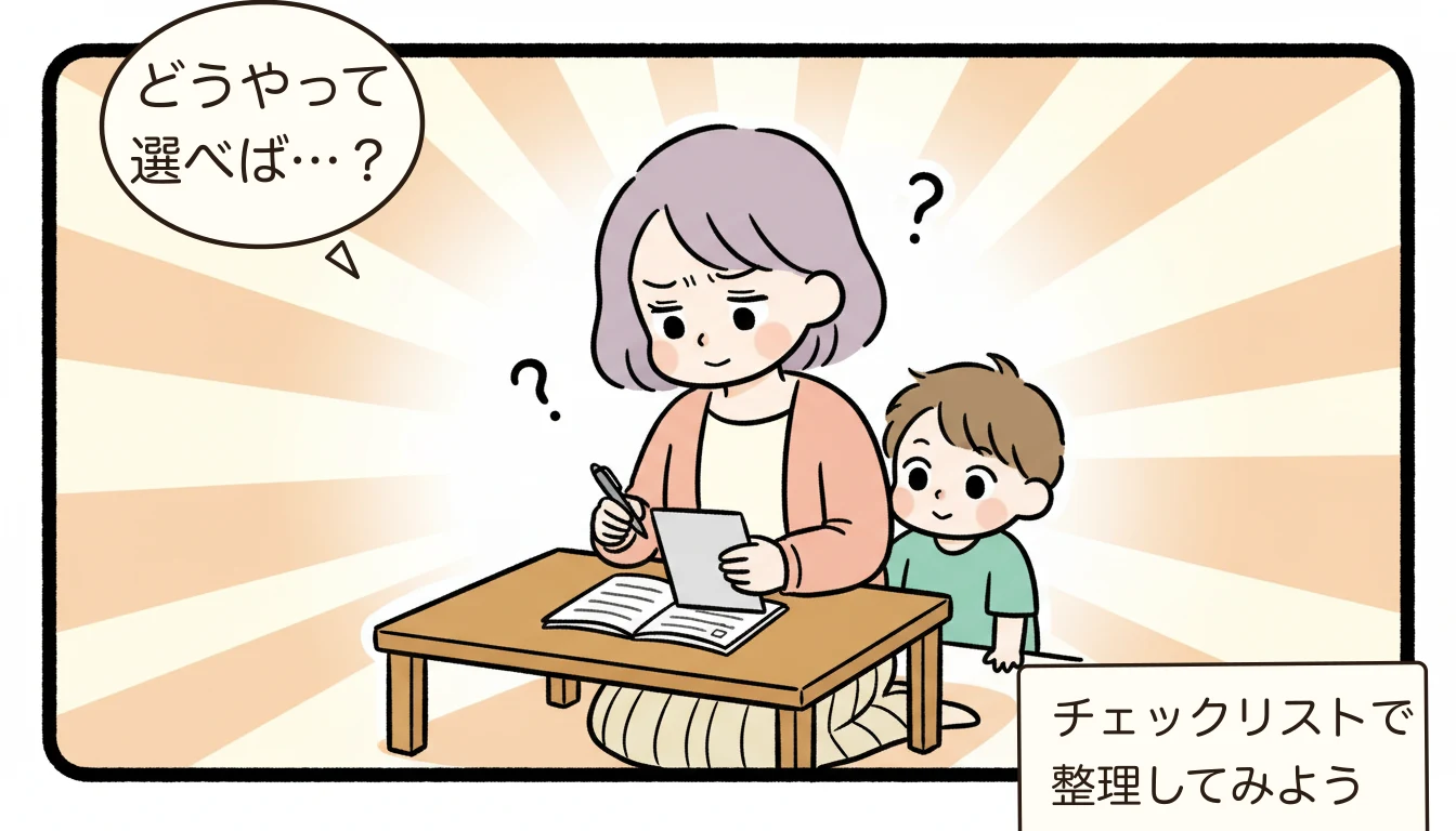 学童は何年生まで?高学年の過ごし方と民間学童の活用法【2026年最新】を考える母親がチェックリストを見ながら悩むコミックエッセイ風イラスト