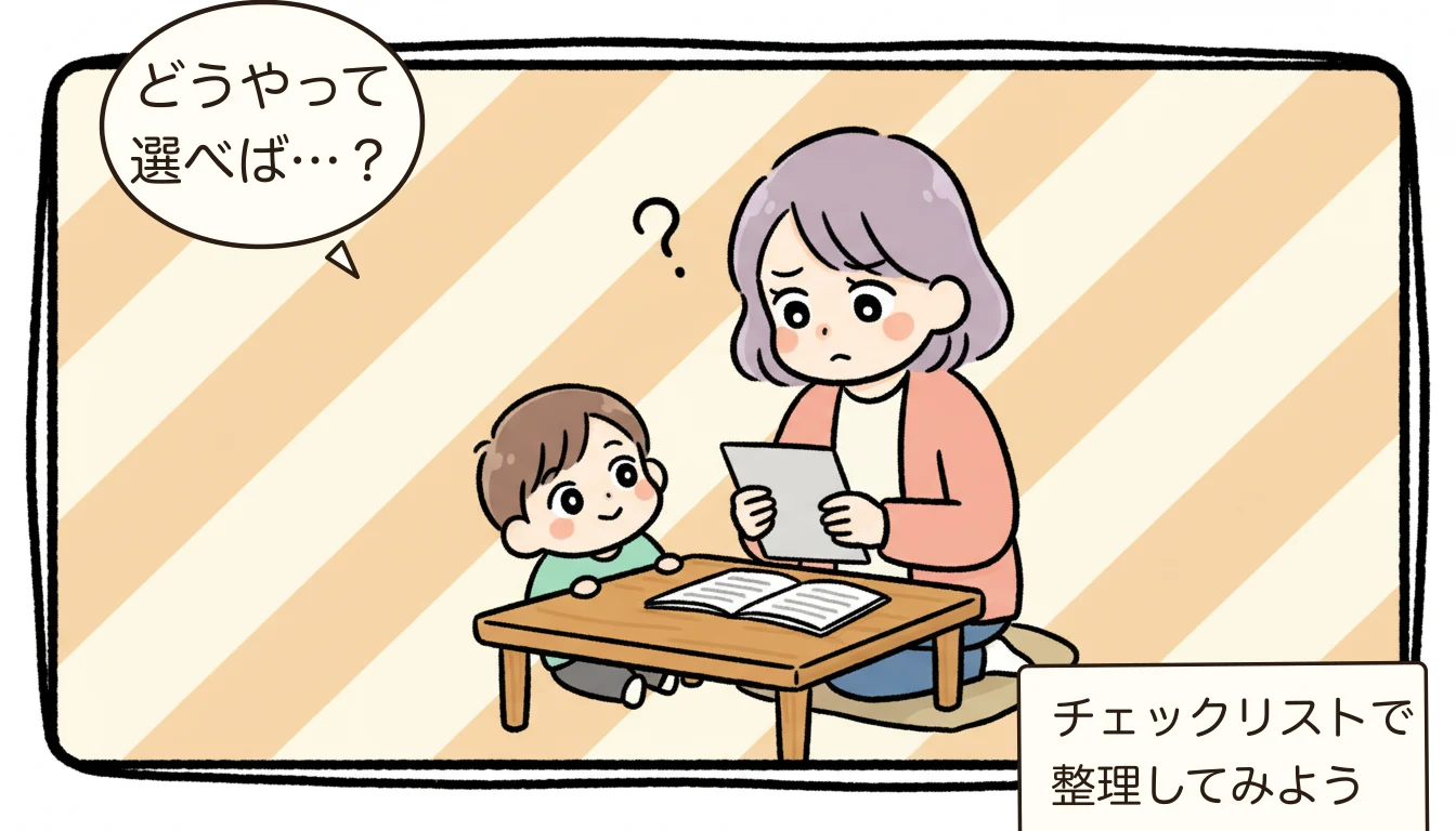 学童に入れない場合の対処法5つ|待機児童になったら【2026年最新】を考える母親がチェックリストを見ながら悩むコミックエッセイ風イラスト