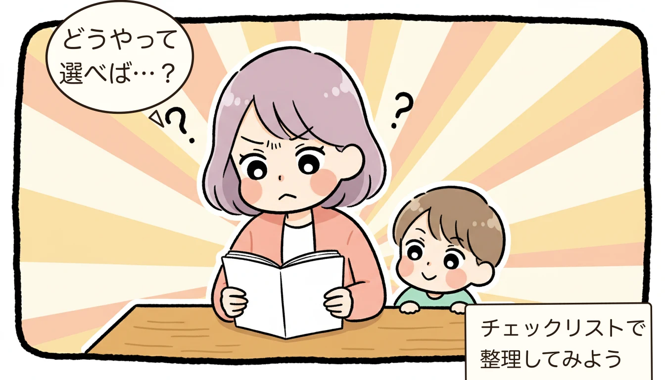 学童はいつから探す?申込スケジュールと準備のタイムライン【2026年最新】を考える母親がチェックリストを見ながら悩むコミックエッセイ風イラスト